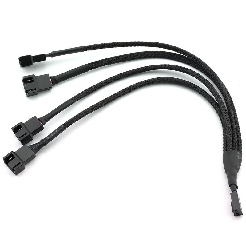 DZS Elec 4-Way PWM Fan Splitter Cable - Black Sleeved Fan Power Extension - 4Pin Female to 4x 4Pin Male - 27cm/10.5 inches - Image 1